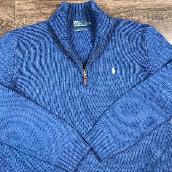 Polo Ralph Lauren Men’s Vintage Blue Cable Knitted 1/4 Zip Pullover Sweater XL - Picture 2 of 6
